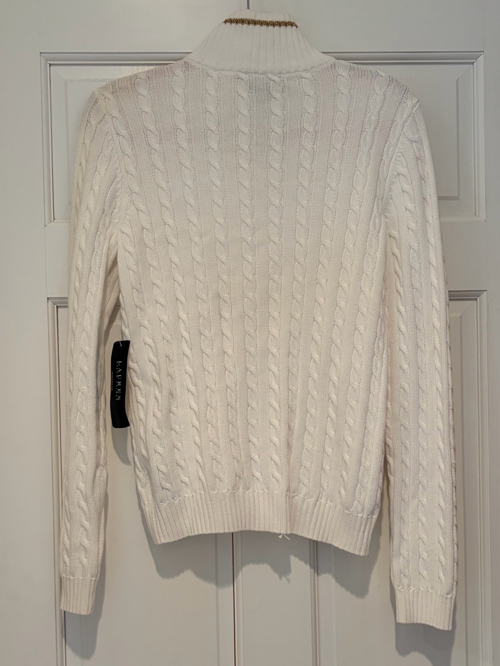 NWT Lauren Ralph Lauren White Cable-Knit Zip Cardigan with Gold Hardware - Picture 2 of 10
